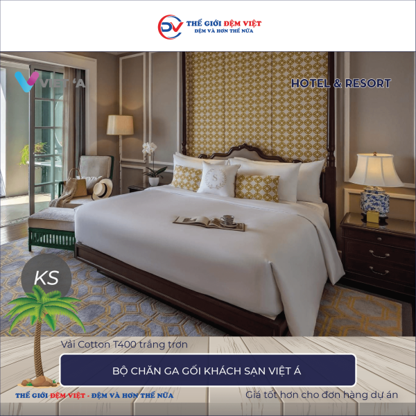 Bộ chăn ga gối khách sạn Việt Á vải Cotton T400 trắng trơn
